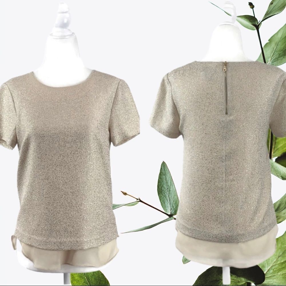 DKNY Layered Cream & Gold Metallic Blouse